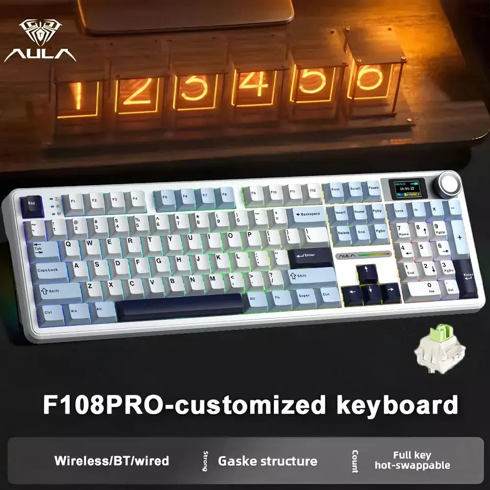 AULA F108 Pro Gaming Mecânico Teclado Tri Mode Personalizado Multi-Pulha Tela RGB Esports Teclado Sem Fio com TFT Smart Display