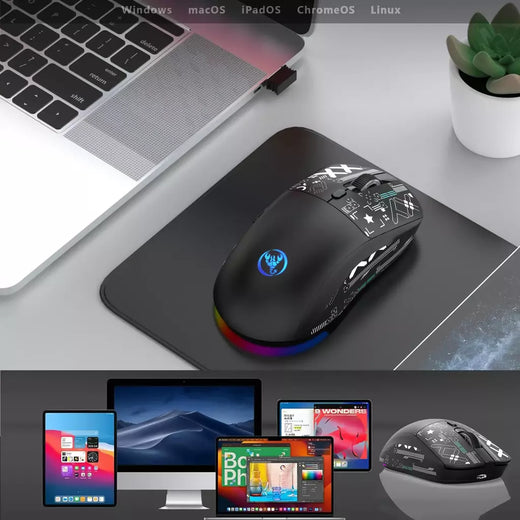 Mouse Bluetooth sem fio T90 RGB (BT1/BT2 + USB) Mouse sem fio Bluetooth silencioso recarregável de 2,4 GHz com adaptador tipo C