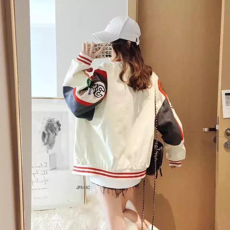 Sobretudos bordados para mulheres, uniforme de beisebol, jaqueta solta, casacos vintage, estampa de motocicleta, moda, outono e inverno