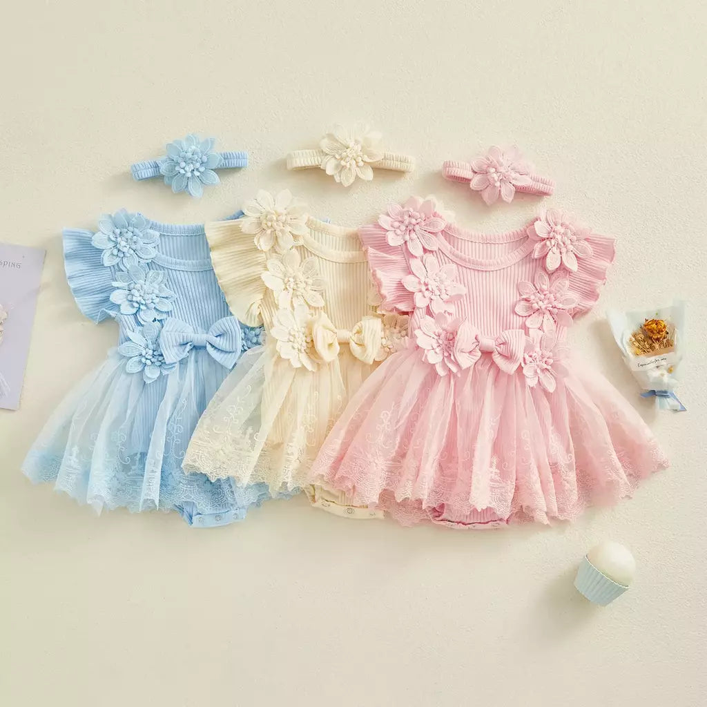 3d flor verão bebê meninas macacão princesa malha roupas recém-nascidos rendas retalhos plissado bodysuit vestido bandana crianças roupas