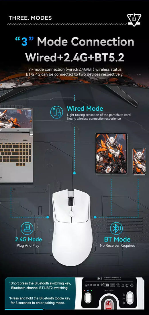 Mouse Bluetooth Attack Shark R1 1000 Hz, 18000 dpi, PAW3311, conexão tripla, mouse macro para jogos