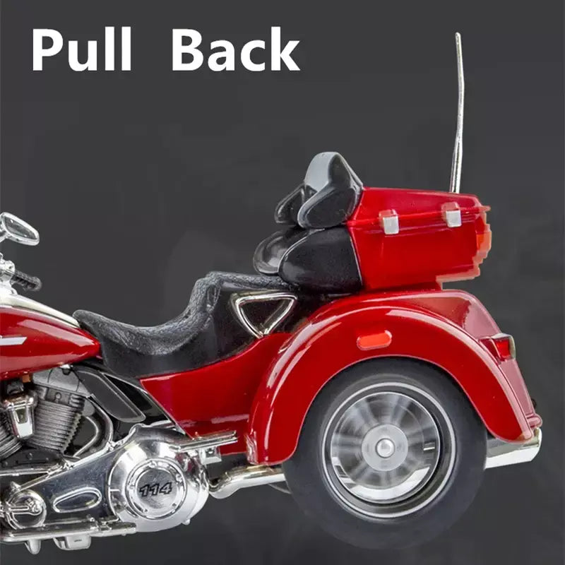 CVO-Tri Glide Alloy Motorcycle Model for Kids, Três Rodas, Cruzeiro, Viagem, Diecast, Lazer na Rua, Luz Sonora, Presente, 1:9