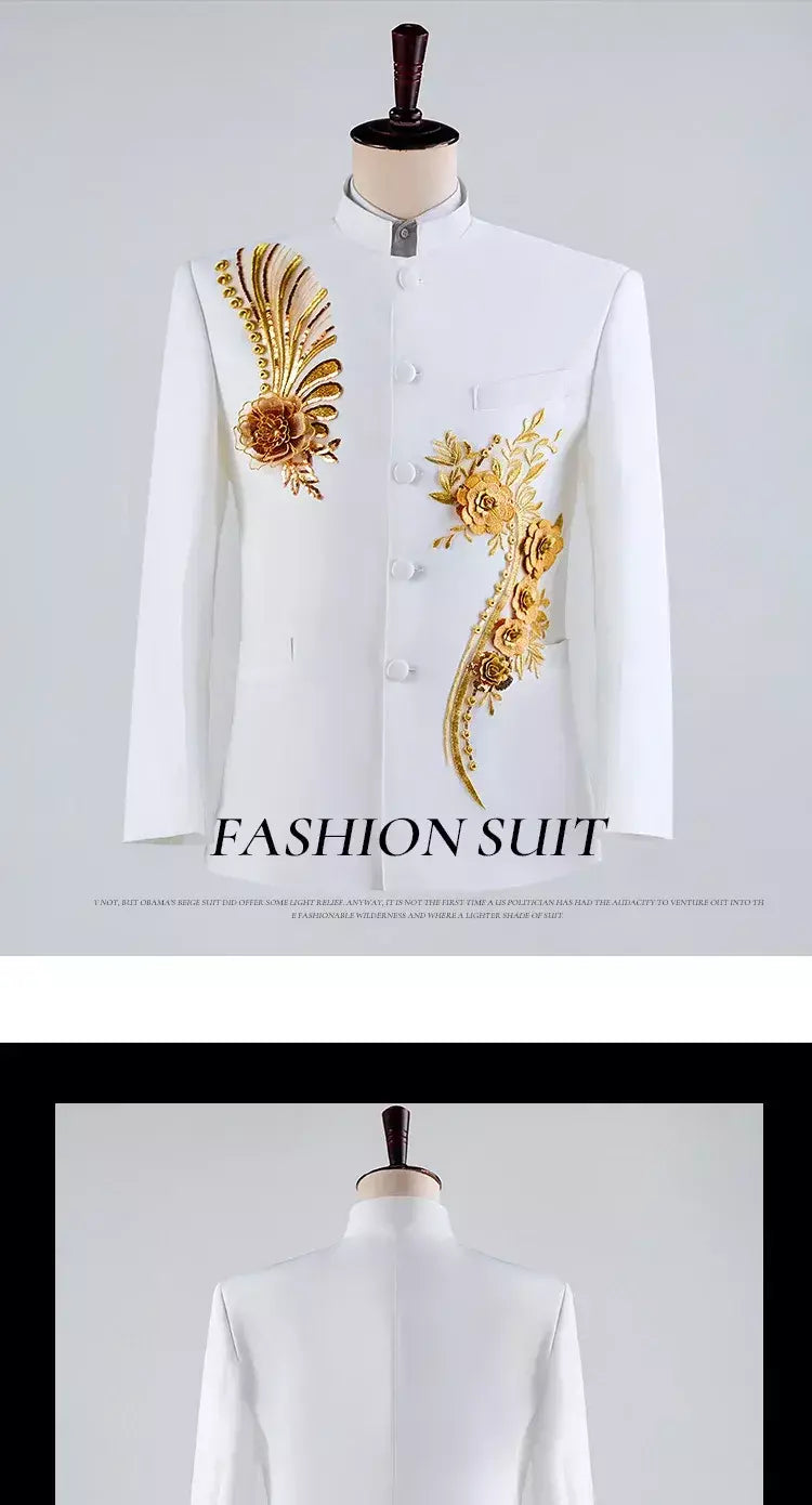 (Jaqueta + calça) moda masculina palco desempenho vestido ternos 2025 novo masculino estilo chinês levante-se colarinho decalque blazer e calças