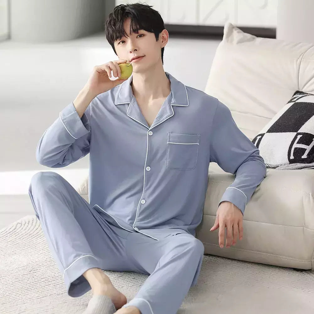 Conjunto de pijama de algodão modal manga comprida masculino, pijamas finos, adolescentes, outwear primavera, pano doméstico, terno masculino, outono, primavera