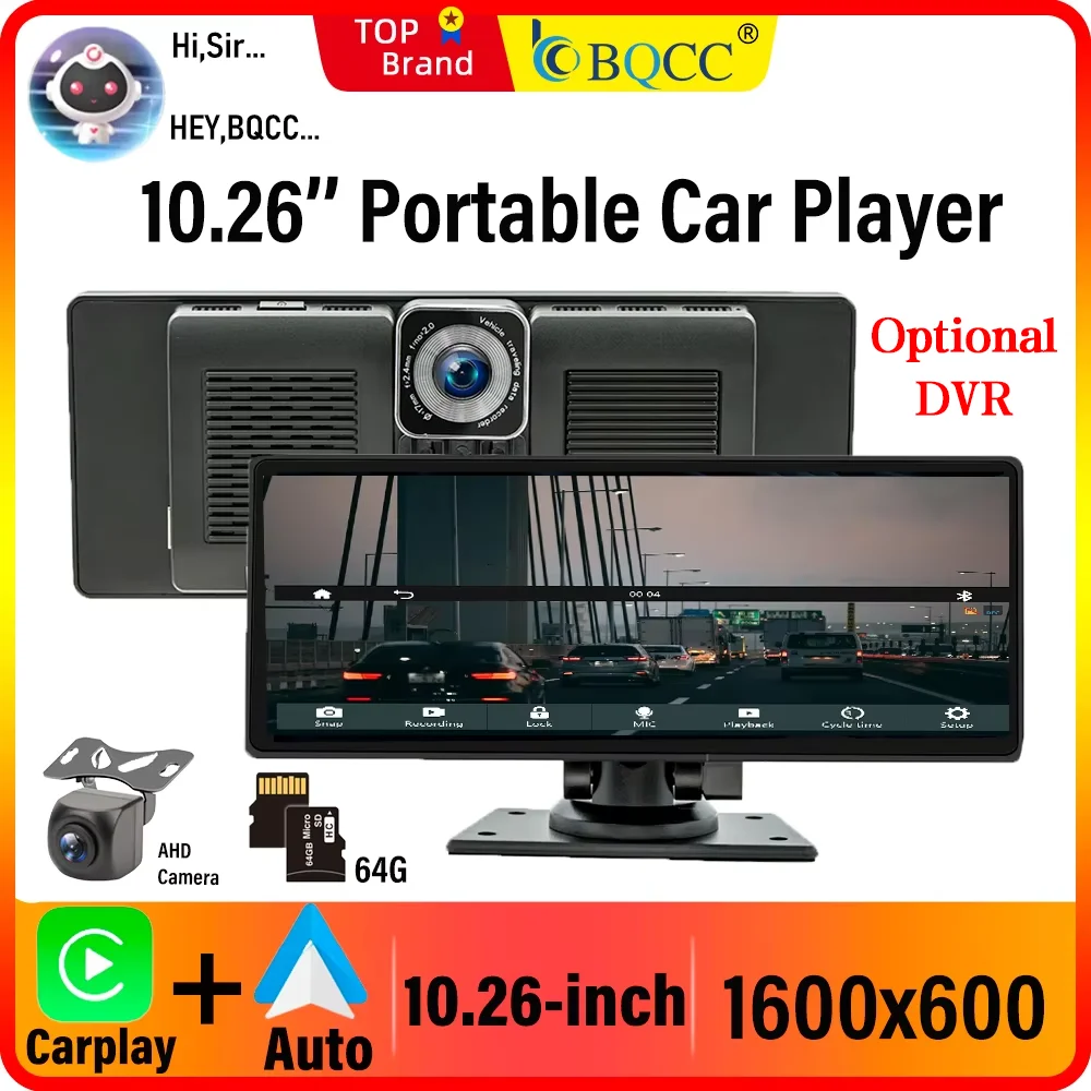 Bqcc 10.26 Polegada portátil sem fio carplay tela hd câmera de ré traseira rádio do carro dvr mp5 multimídia player vídeo android auto