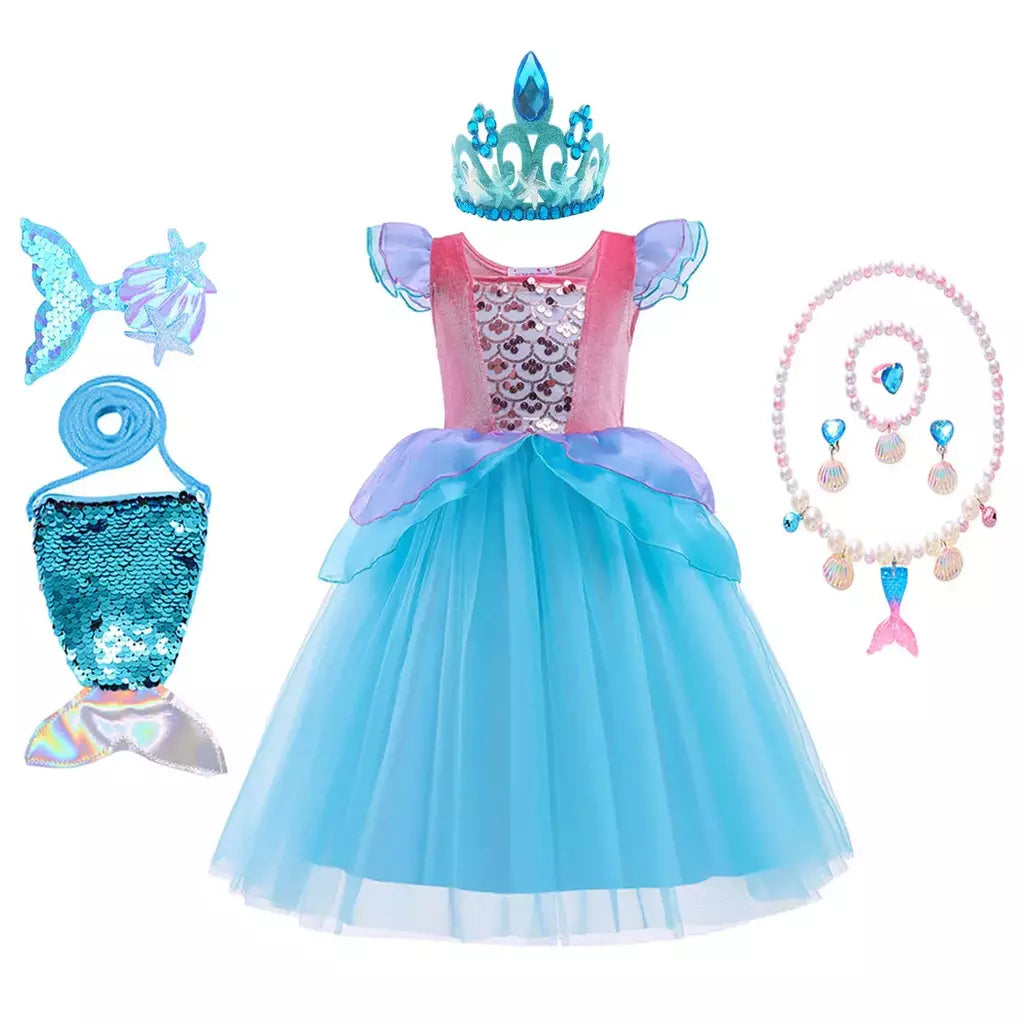 Meninas roxo-azul sereia ariel cosplay vestido de halloween vestido de festa de aniversário meninas praia vestido de férias