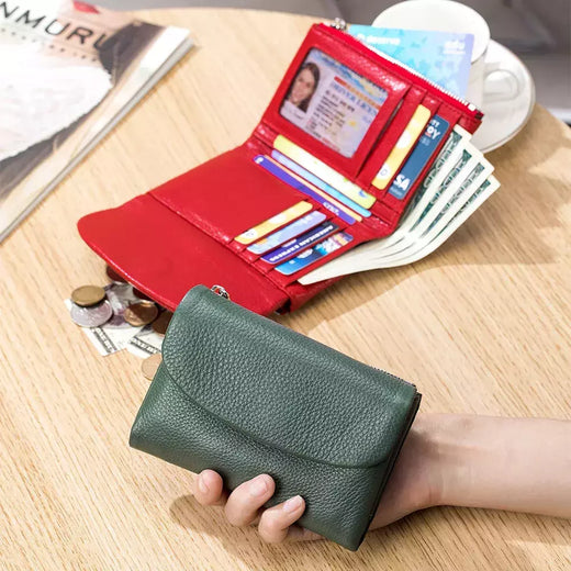 Genuína Couro De Vaca Carteira Curta Para Mulheres, Trifold, Pequenas Bolsas, Clutch Couro De Vaca, Titular Do Cartão, Carteiras Do Cartão De Viagem
