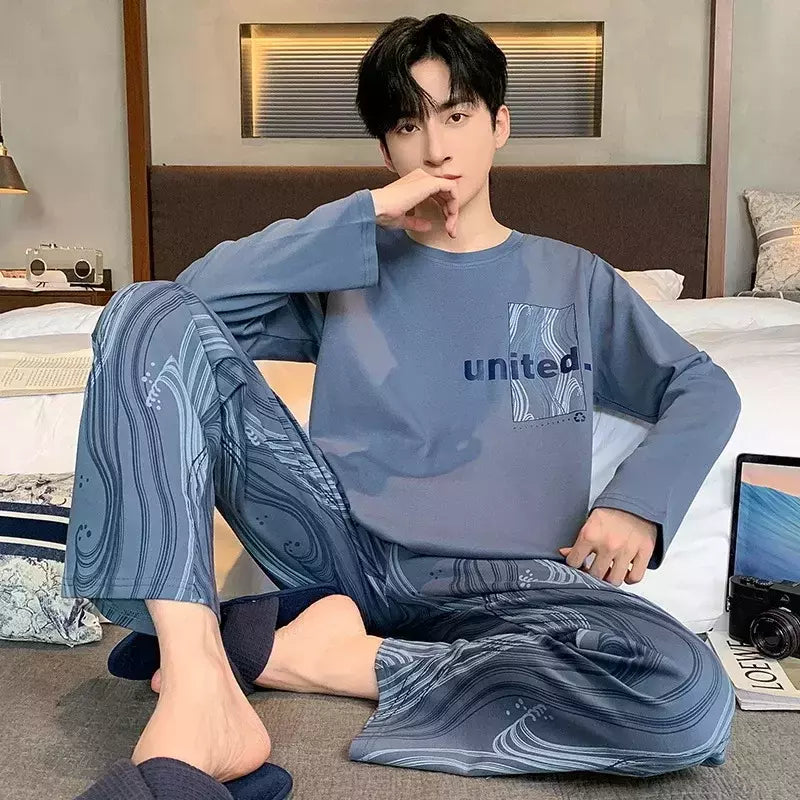 Pijama de algodão de duas peças masculino, calça de manga comprida, traje caseiro, estudante e adolescente, novo outono