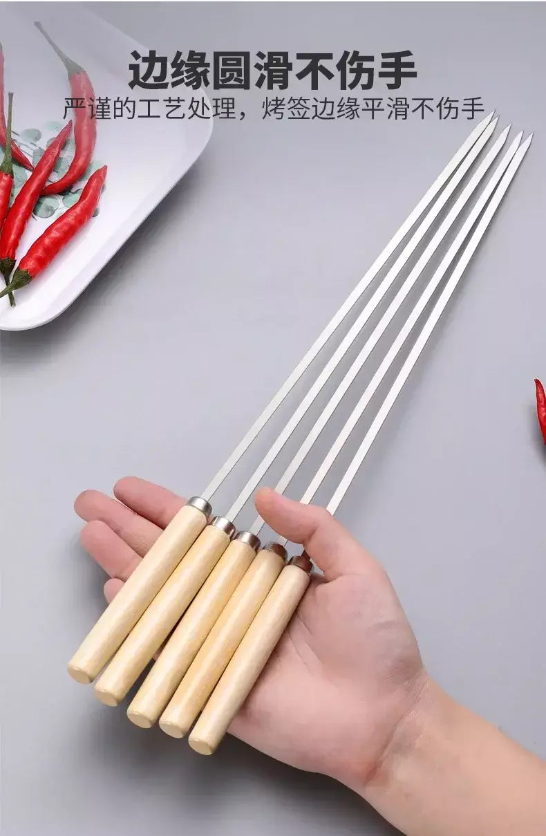 5/10 peças espetos de churrasco anti-escaldante com cabo de madeira podem ser reutilizados 304 espetos de churrasco de metal de aço inoxidável espetos largos