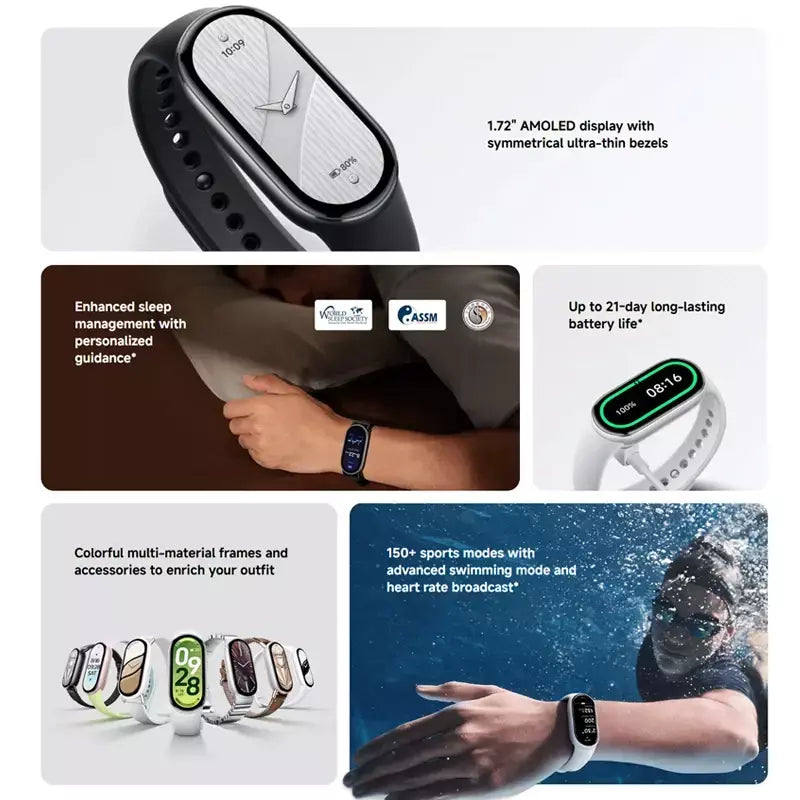 Versão global xiaomi banda inteligente 10 pulseiras 1.72 "tela amoled oxigênio no sangue rastreador de fitness 150 + modos esportivos banda inteligente