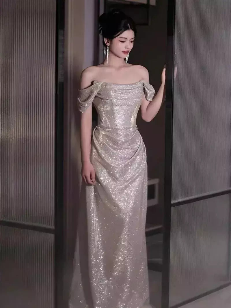 Vestido sereia ruched, lantejoulas sexy sem mangas, rabo de peixe leve, longo, cerimônia do anfitrião, vestido de baile de festa, banquete luxuoso