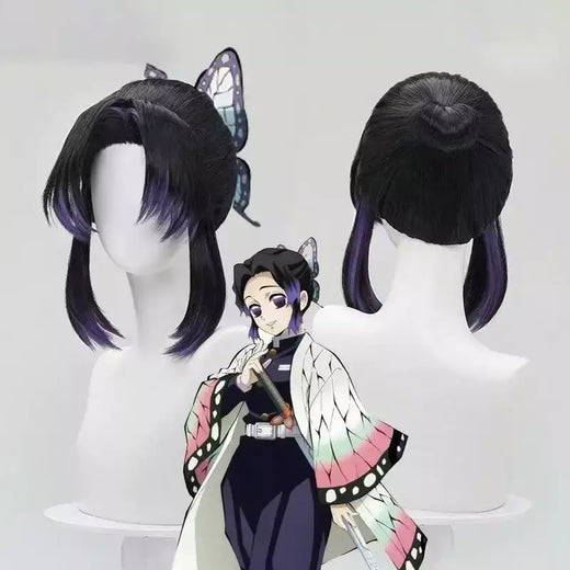 Borboleta shinobu demon slayer cosplay peruca sintética curta reta anime coser bonito menina peruca de alta qualidade festa de halloween