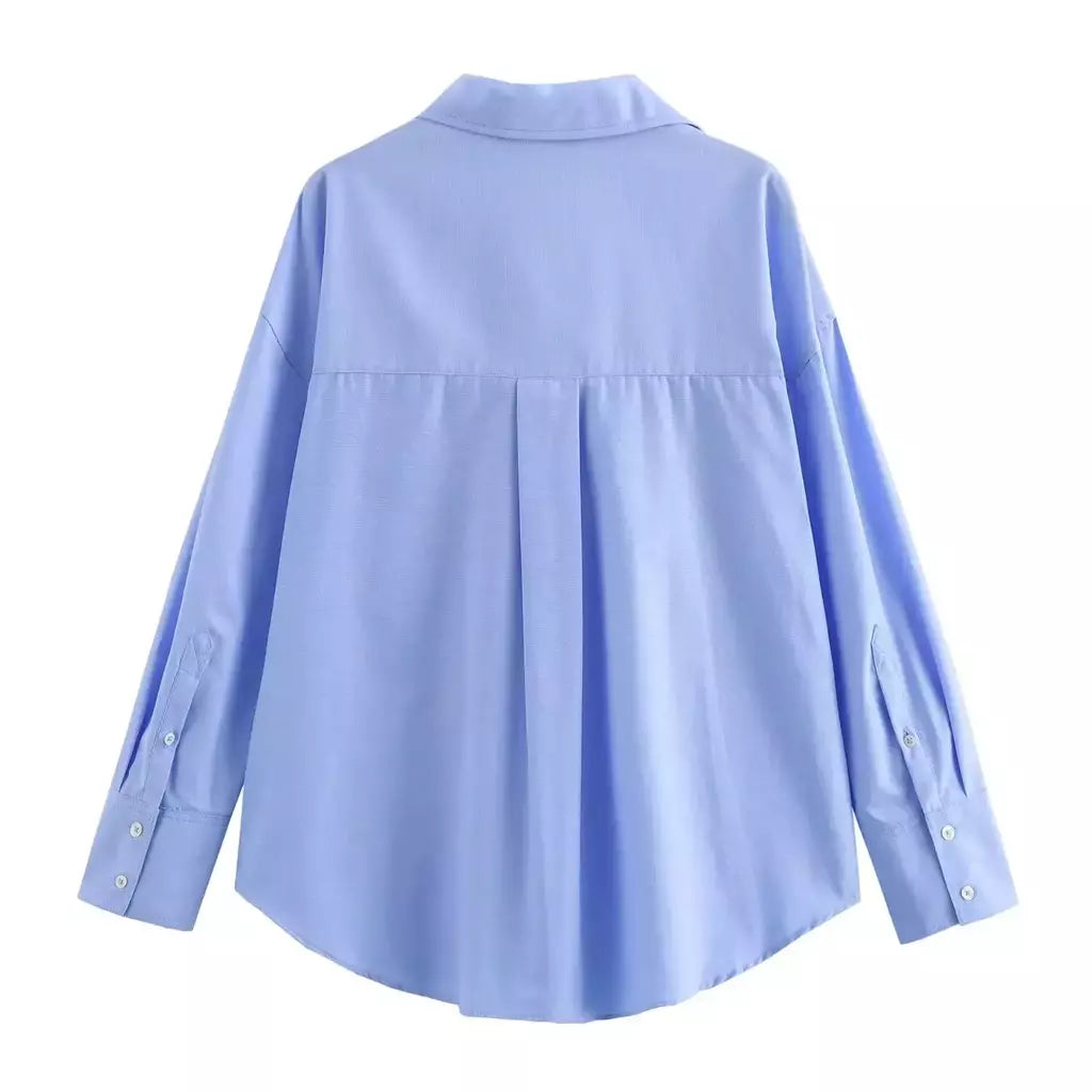TRAF-Blusa Feminina de Algodão Lapela de Peito Único, Camisa Feminina, Tops de Manga Comprida Oxford, Chique Street Clothing, Moda Primavera