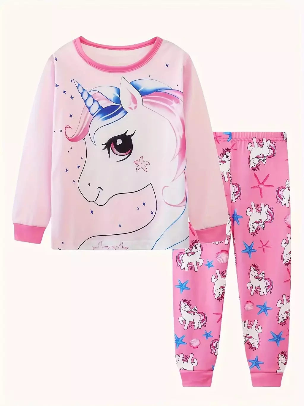 Desenhos animados unicórnio impressão algodão pijama conjuntos para meninas, gola casual, rosa, 2pcs