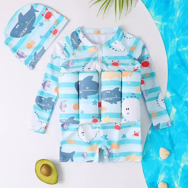Maiô flutuante para crianças, roupa de banho de uma peça para crianças, flutuante, proteção contra queimaduras, estampa de desenho animado, meninas, meninos, roupas de natação