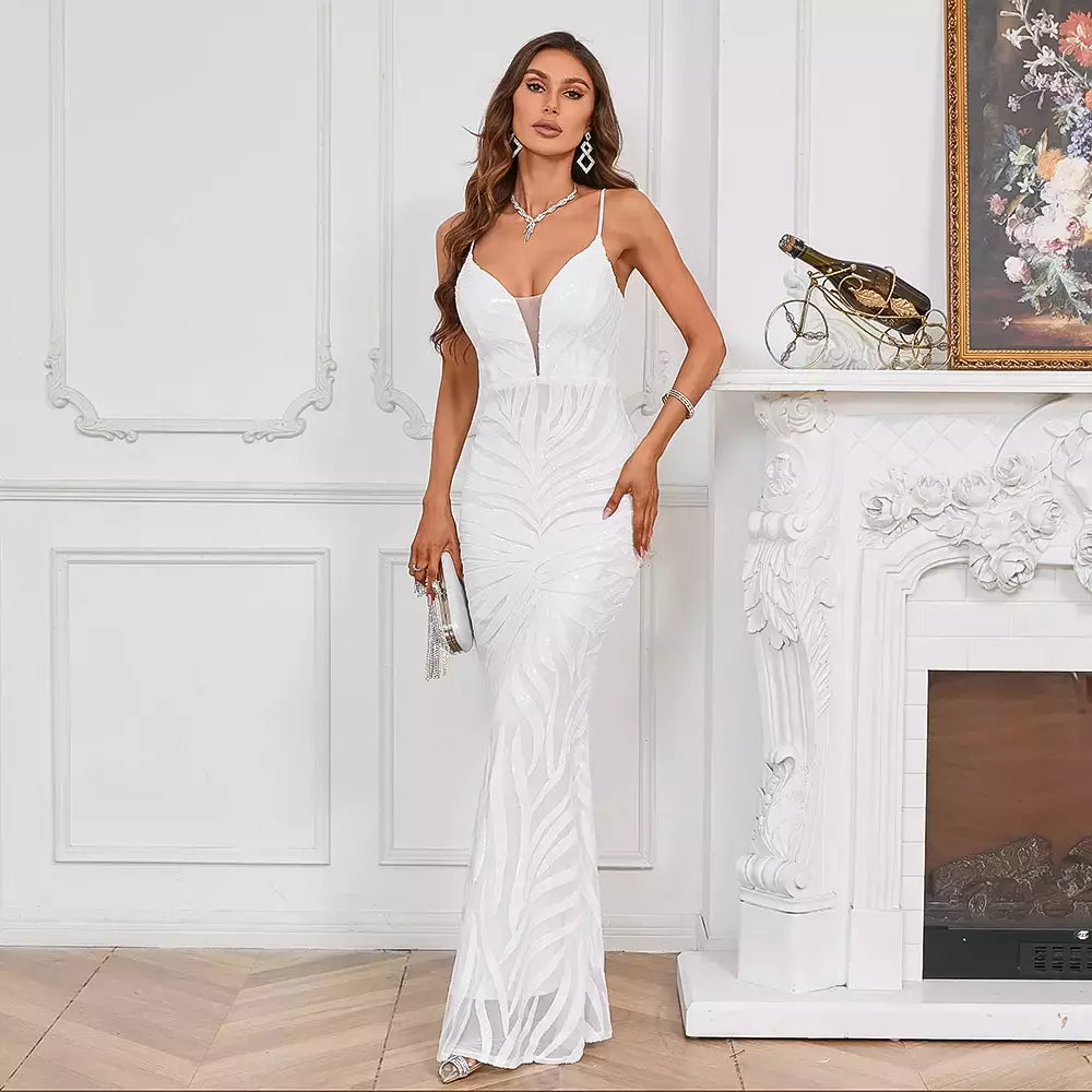 Vestido Maxi Lantejoula Branco Feminino, Vestido Sexy Strap, Vestido de festa longo