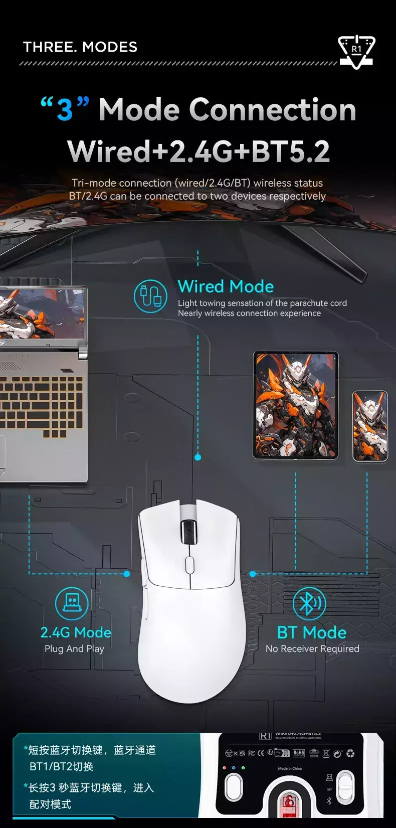 Mouse sem fio Bluetooth Gaming, Pixel Art, R1 Superlight, 2.4G, Sensor ajustável, 6 DPI ajustável para Office Game