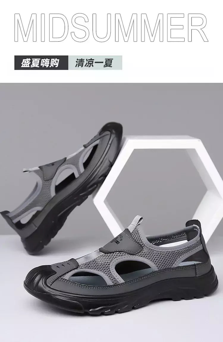 Sandálias de malha respirável para homens, sandálias de praia antiderrapantes, sapatos ocos ao ar livre, calçados flats, verão, novo