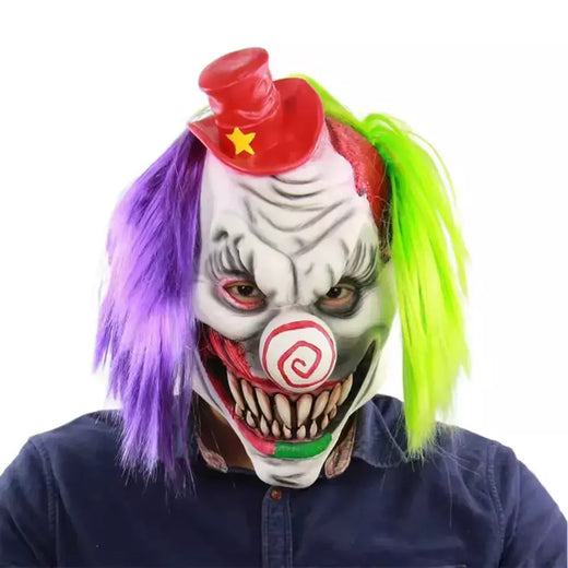 Máscara de palhaço assustador com cabelo verde roxo horror sorriso máscara facial traje de palhaço assustador halloween huanted casa prop