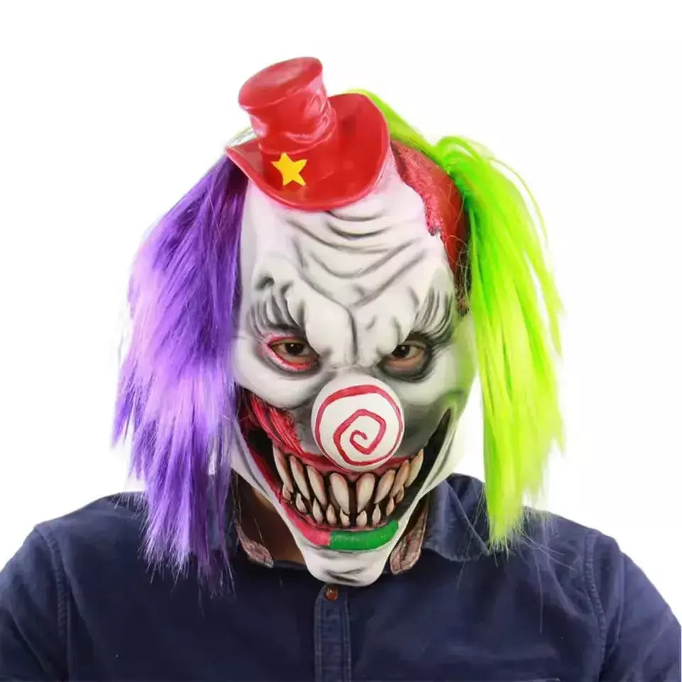 Máscara de palhaço assustador com cabelo verde roxo horror sorriso máscara facial traje de palhaço assustador halloween huanted casa prop