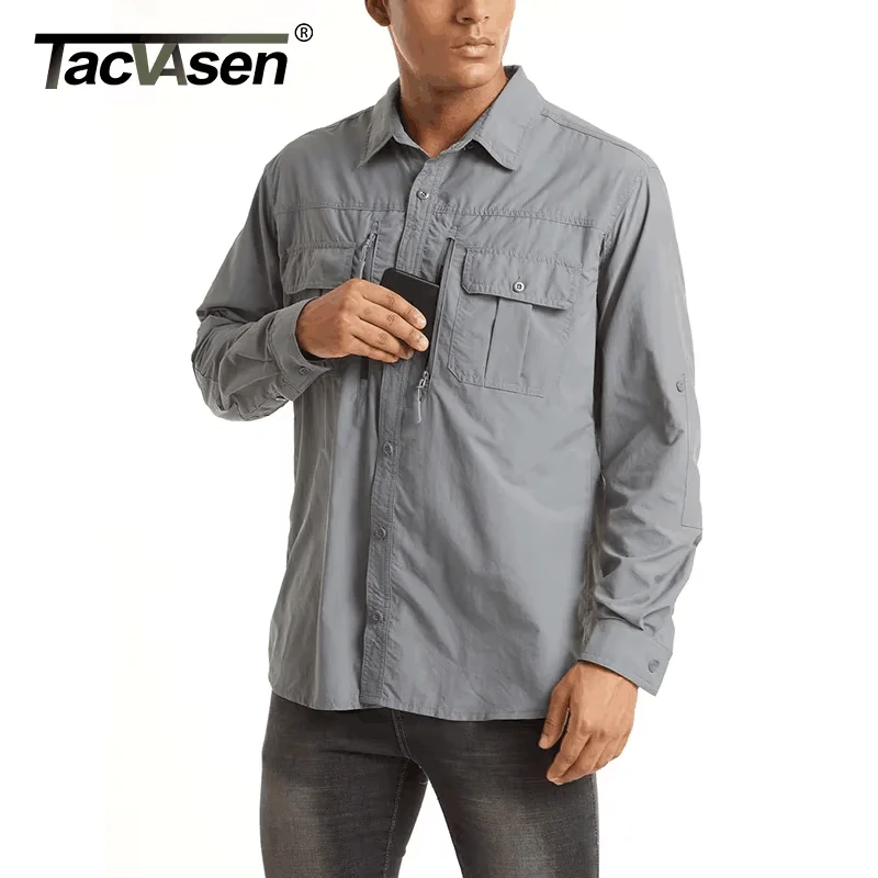 Tacvasen-camisa cargo de manga comprida masculina, malha respirável, multi-bolsos, secagem rápida, para o trabalho, caminhadas, pesca, verão