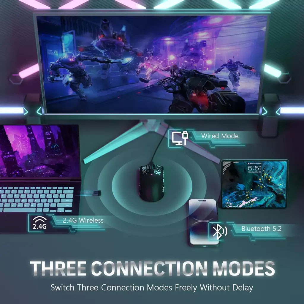 Mouse para jogos sem fio tri-mode Attack Shark X11 26K DPI PAW3311 Sensor, 2.4G/Bluetooth/com fio tri-modo, 400 IPS