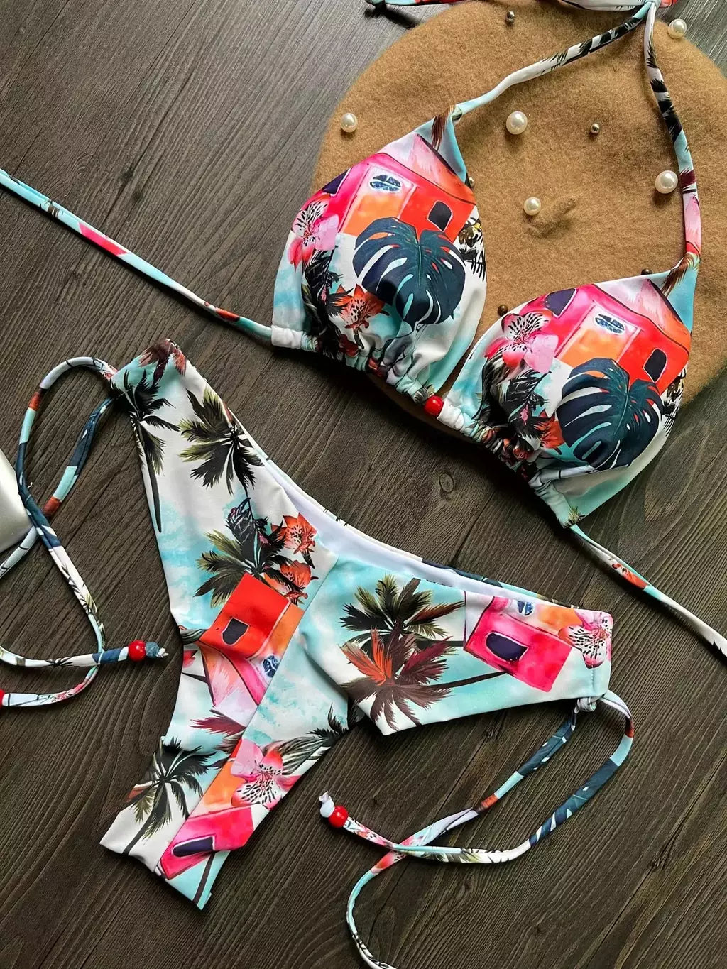 OIINAA-maiô sexy para mulheres, moda praia estampa halter, conjunto de biquíni com renda, maiô verão, moda praia sexy com cordão, 2 peças