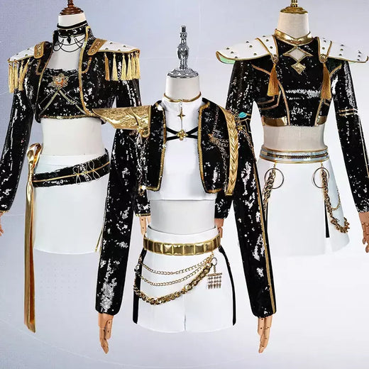 Rumi Zoey Mira Cosplay Peruca Mulheres Preto Terno Dourado Festa de Halloween Role Playing Outfit