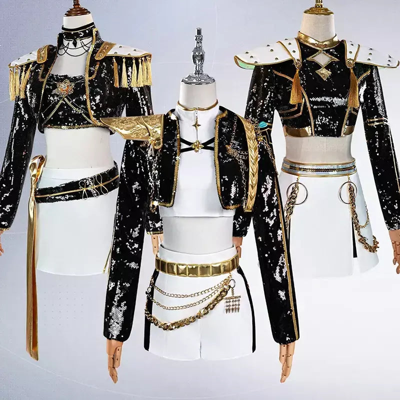 Rumi Zoey Mira Cosplay Peruca Mulheres Preto Terno Dourado Festa de Halloween Role Playing Outfit