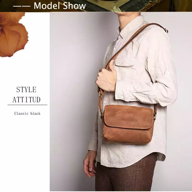 Bolsa de ombro retrô de couro genuíno masculina, grande capacidade, bolsa transversal diagonal, bolsa pequena para iPad, cavalo louco