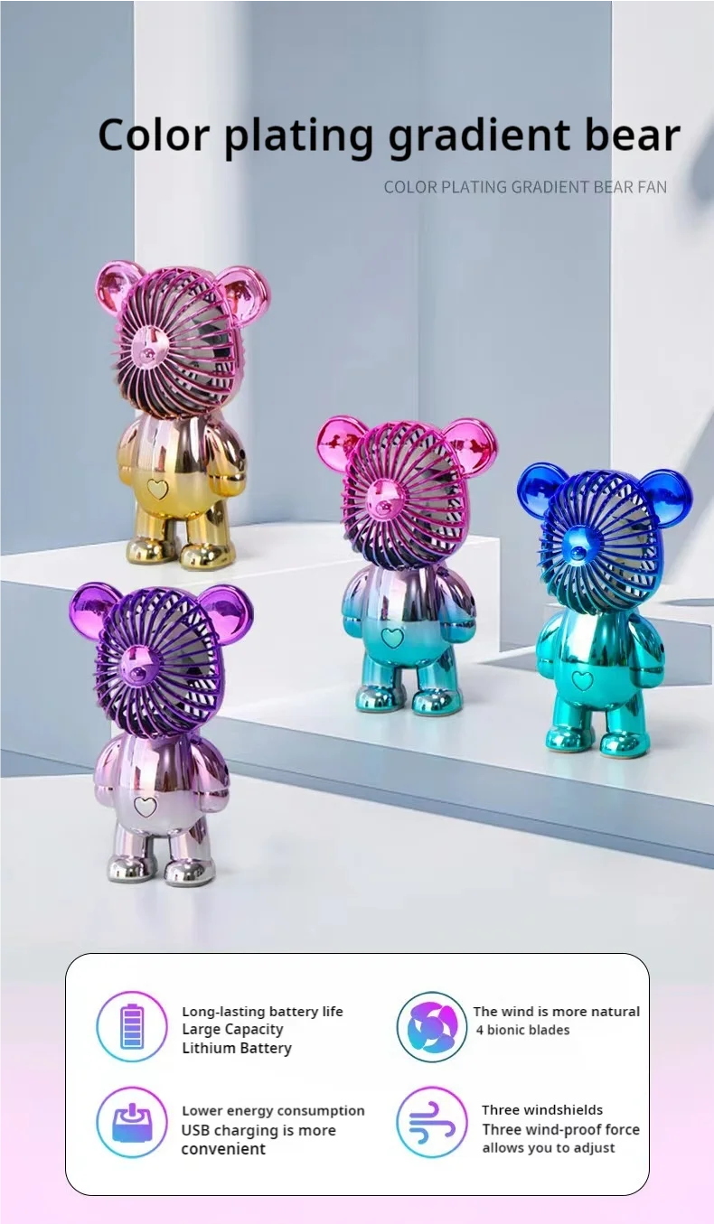 2024 galvanoplastia mudança gradual urso ventilador mini cor graffiti ventilador portátil de carregamento usb pequeno ventilador refrigeração ventiladores elétricos
