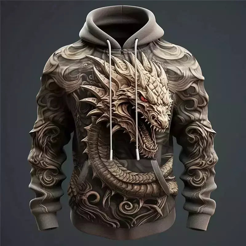 Moletom com capuz dragão estampado em 3D, pulôver casual, moletom de rua, roupas masculinas grandes, nova moda, outono e inverno