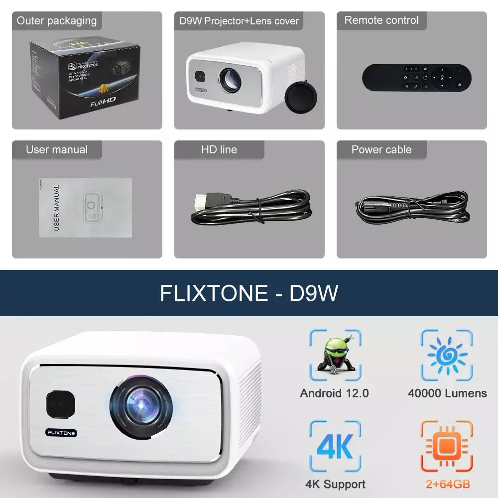FlixTone D9W Ultra 3000 ANSI Full HD 1080P Projetor para filmes Android WiFi 6 Projetor de feixe de home theater para vídeo ao ar livre projetores no brasil