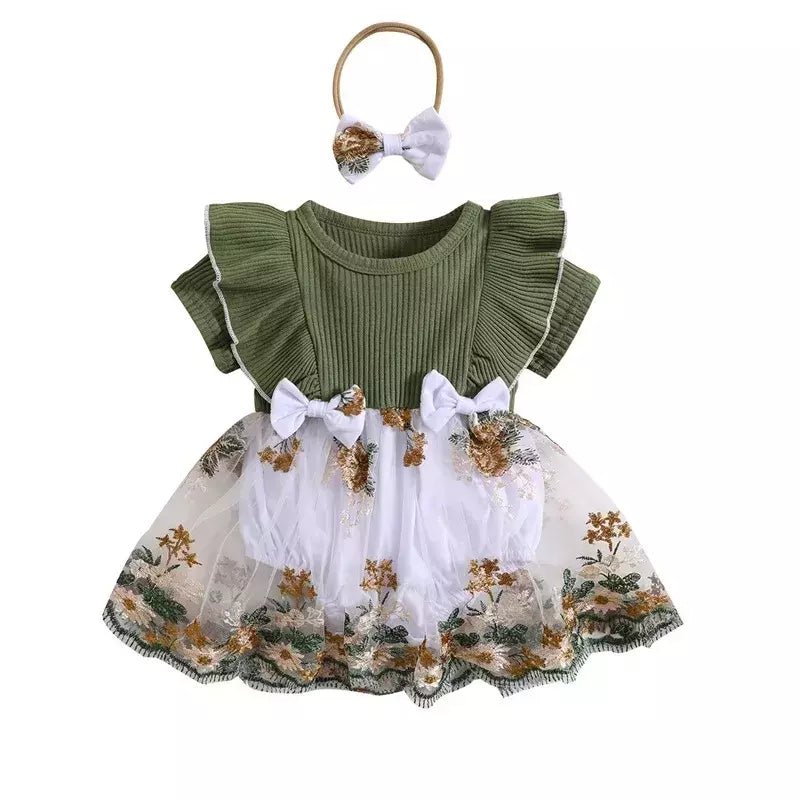 Vestido Romper das meninas do bebê recém-nascido, roupa do bebê, bordado da flor, costela da malha, babados macacões, roupas, roupa do verão