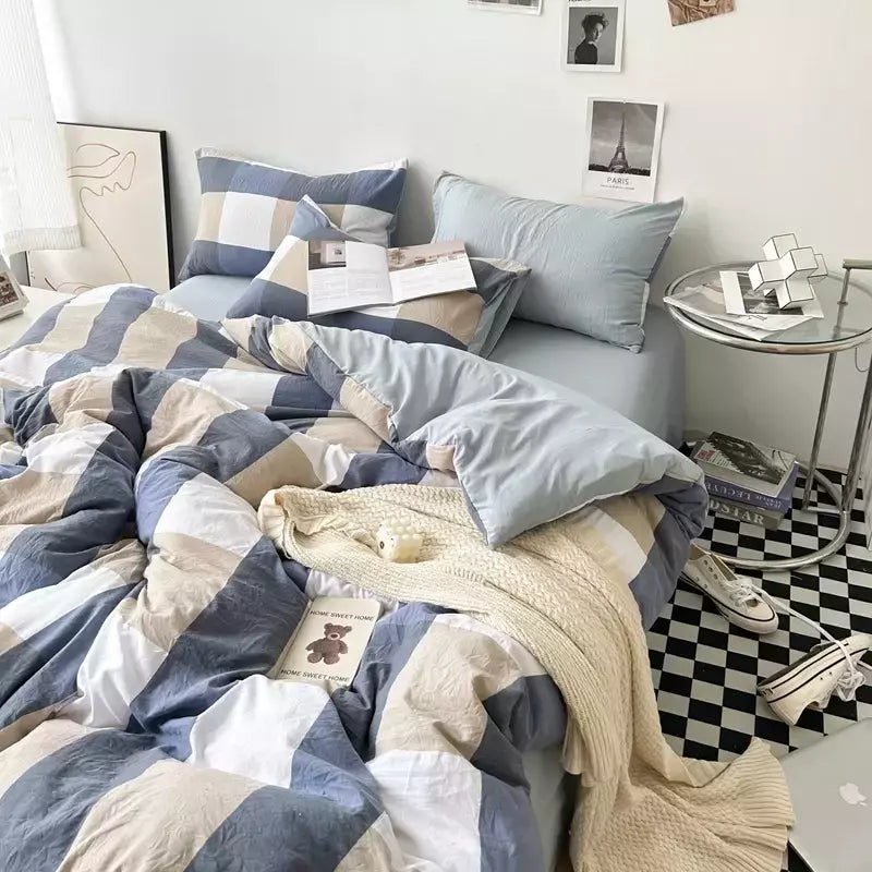 Conjunto de roupa de cama de algodão lavado, listrado, grade, lençol minimalista, consolador, capa de edredão rainha, duplo para meninos e meninas