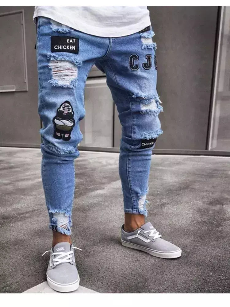 Calças jeans skinny rasgadas elásticas masculinas, bordado branco, algodão, hip hop, buraco negro, slim fit, calças jeans grandes, alta qualidade