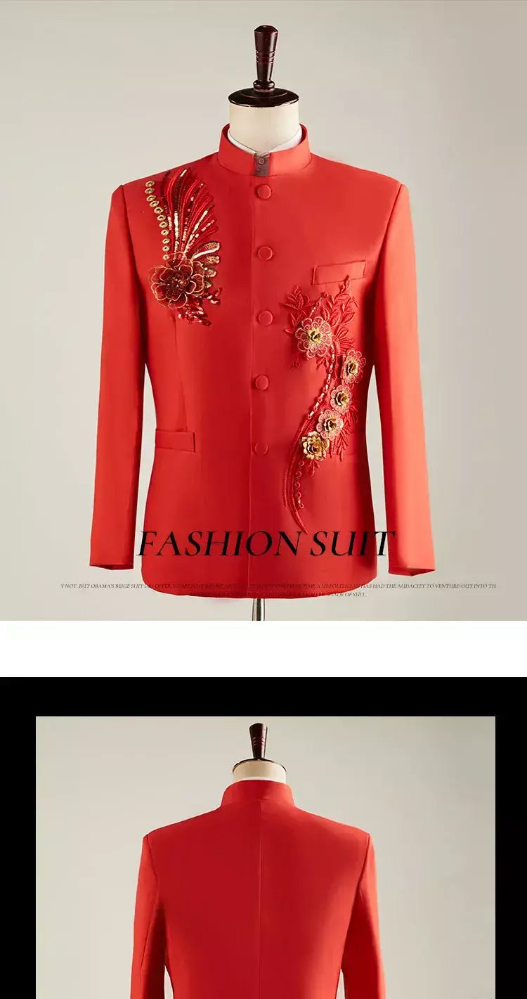 (Jaqueta + calça) moda masculina palco desempenho vestido ternos 2025 novo masculino estilo chinês levante-se colarinho decalque blazer e calças