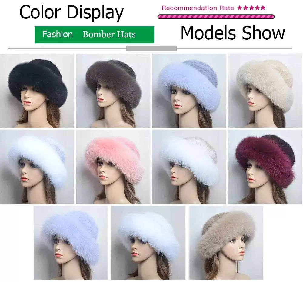 Chapéu de pele de vison genuíno para mulheres gorro de malha natural de luxo chapéu de malha artesanal pele de raposa real moda inverno quente, novo