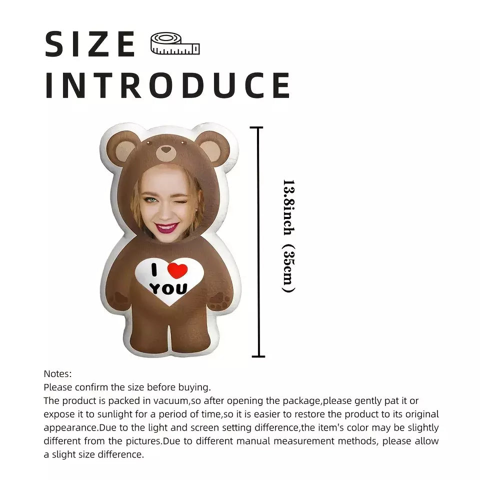 Travesseiro de urso com foto personalizada "Eu te amo" pelúcia facial presente ideal para entes queridos. Pelúcia curta macia e confortável