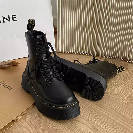 Botas de combate com cordões minimalistas femininas, salto robusto de 5cm, botas de plataforma, sola grossa, aumentar a altura, botas casuais, estilo britânico