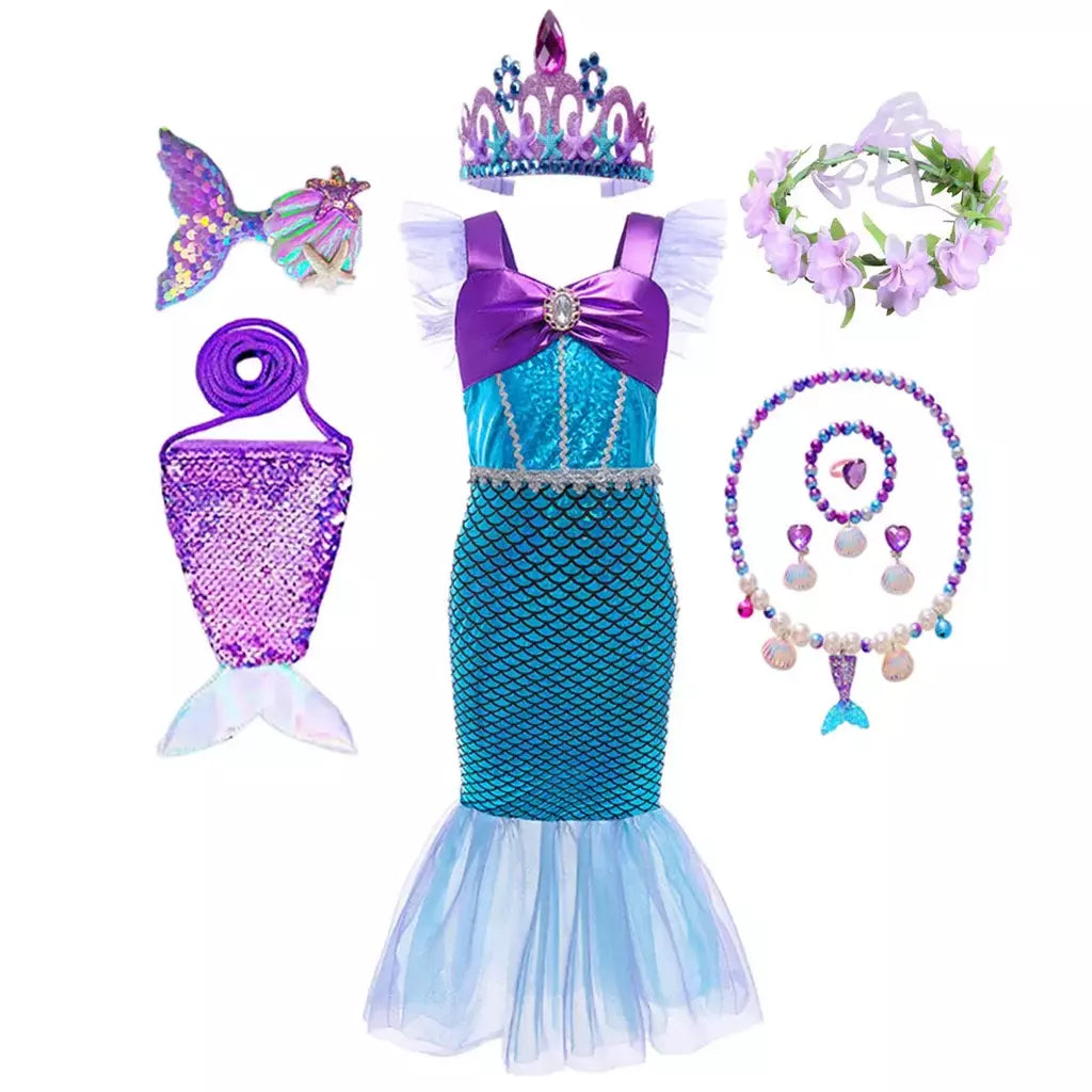 Meninas escala roxa princesa sereia ariel cosplay vestido de halloween vestido de festa de aniversário meninas verão praia vestido de férias