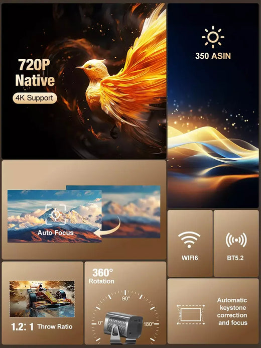 VEVSHAO A12 4K Android13 Projetor SmartPhone Nativo Auto Focus Keystone BT5.2 WIFI6 Portátil 360 ° Gire 1280*720P Cinema em casa