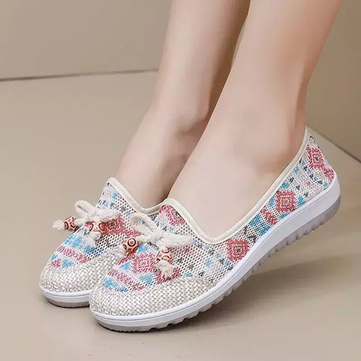 Sapatos de linho bordados para mulheres, estilo étnico, sapatos confortáveis antiderrapantes, bowknot feminino, sapatilhas macias, moda, novo