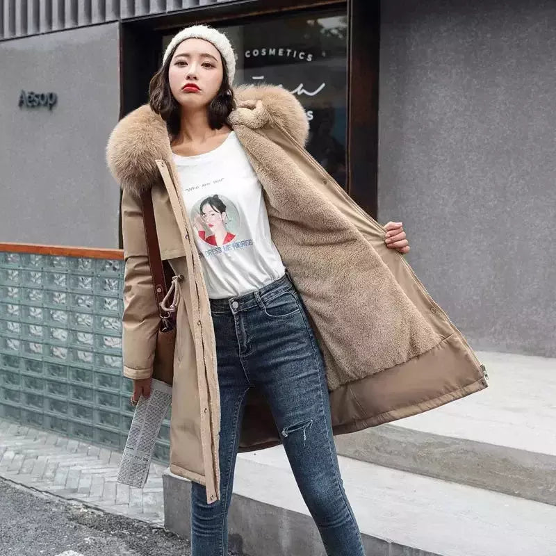 Parka longa e acolchoada feminina com forro de lã, jaqueta com capuz, gola de pele, quente, grossa, neve, roupas grandes, inverno