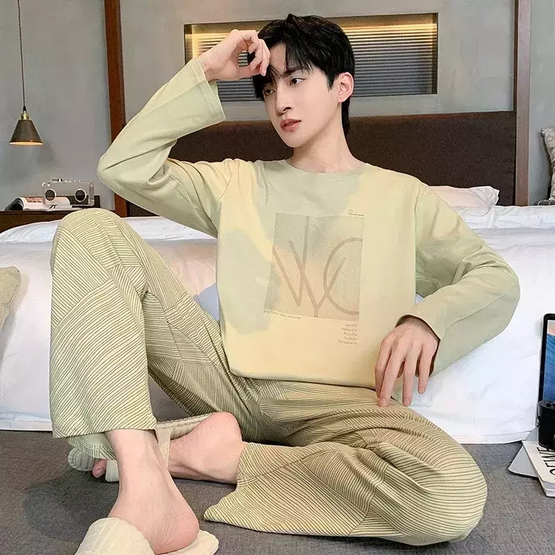 Pijama de algodão de duas peças masculino, calça de manga comprida, traje caseiro, estudante e adolescente, novo outono