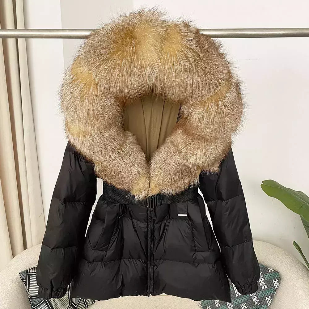 Oftbuy 2024 jaqueta de inverno feminina gola de pele de raposa natural real com capuz grosso quente 90% pato branco para baixo casaco feminino streetwear casual