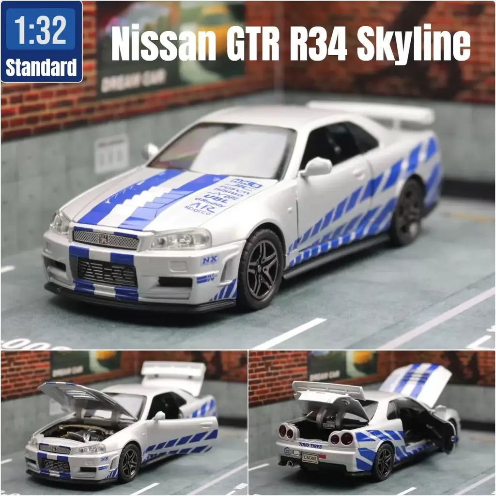 1/32 nissan skyline gtr r34 jdm modelo de carro de brinquedo diecast veículo em miniatura som & luz puxar para trás coleção presente crianças menino