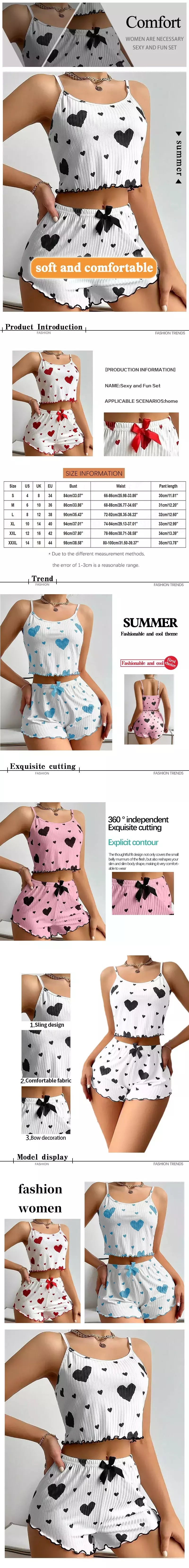 Ice Silk Suspender Pijama Conjunto com decoração em forma de coração impresso para senhoras, verão 2 peças