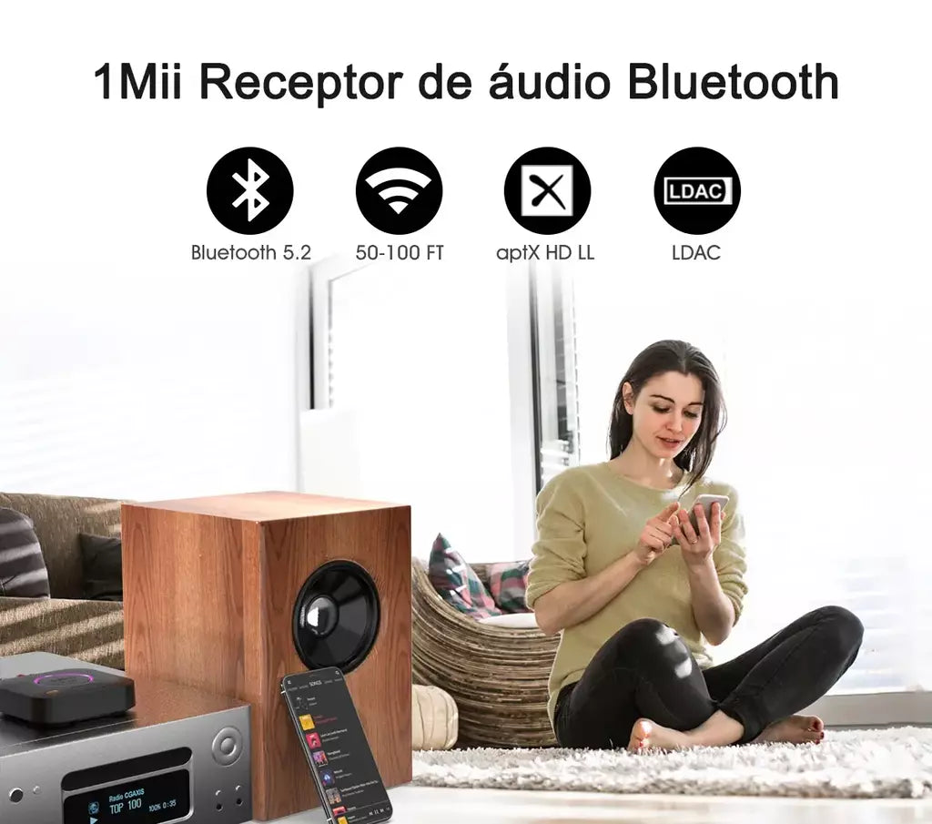 1Mii B06S+ Receptor Bluetooth 5.2, adaptador de áudio HiFi com LDAC Aptx HD&LL, áudio de alta resolução de longo alcance com controle de volume
