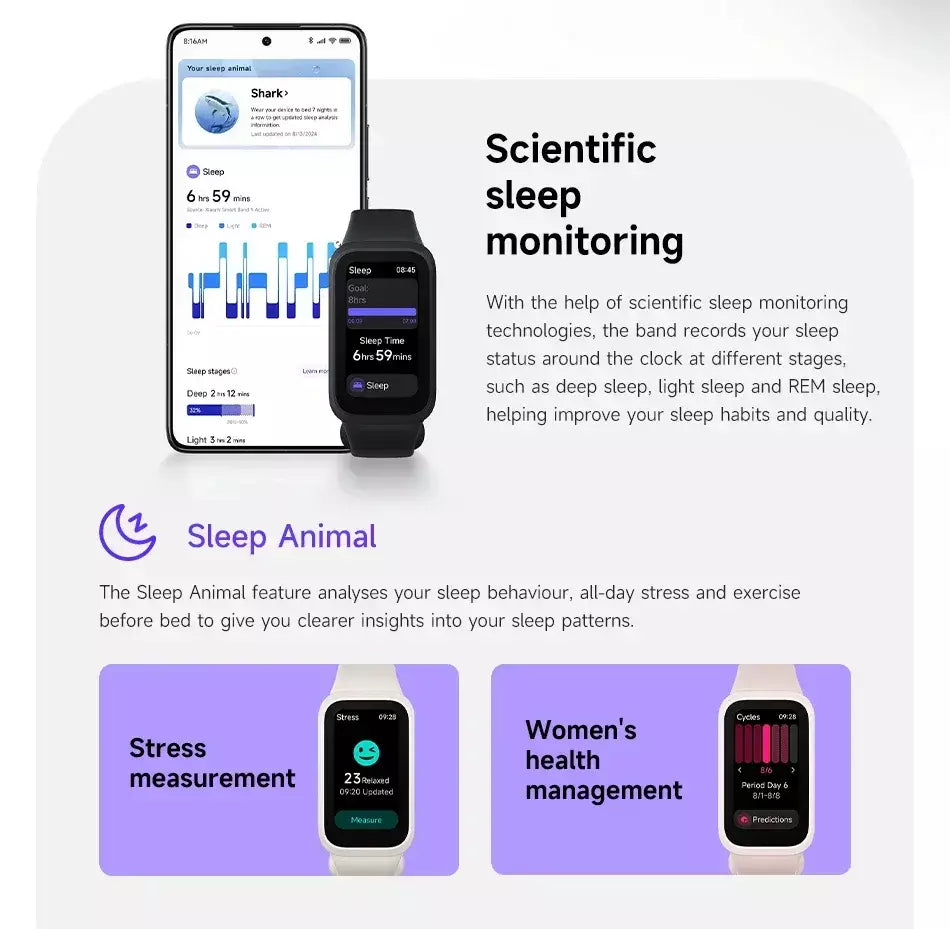 Versão global xiaomi mi band 9 ativo 8 dias de vida útil da bateria pulseira 1.47 ''tela 60hz 50 modos esportivos mi fitness banda inteligente